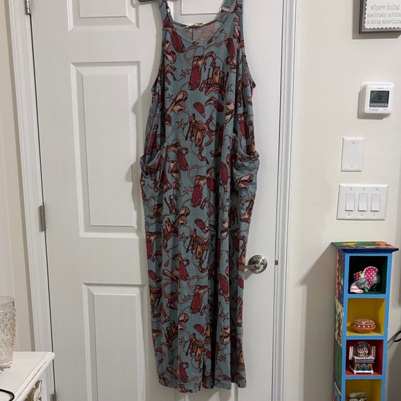 easel Pants - Sleeveless Printed Overalls with  Pockets - Dusty Blue & Rust